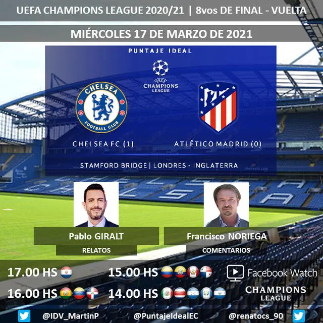 Chelsea vs Atlético de Madrid por Facebook Watch. Foto: Puntaje Ideal/Twitter