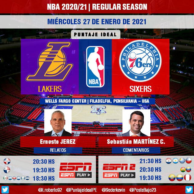 Lakers vs. 76ers por ESPN 2. Foto: Puntaje Ideal PE/Twitter