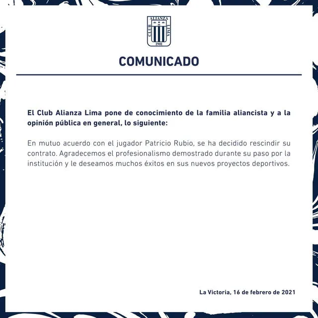 Comunicado de Alianza Lima sobre Patricio Rubio