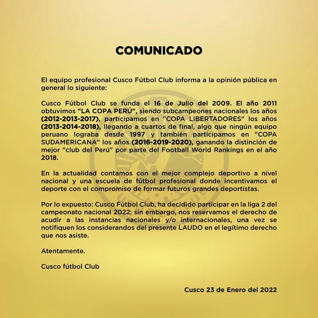 Carta emitida por el club cusqueño. Foto: Cusco FC