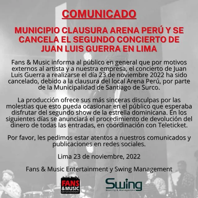 Productora se disculpa por el concierto cancelado de Juan Luis Guerra