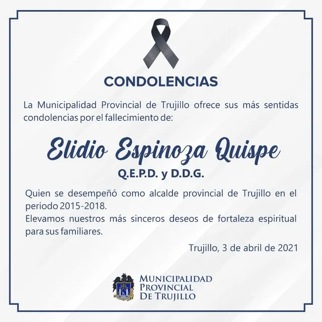 La municipalidad de Trujillo, donde ejerció el cargo de alcalde en el período 2015-2018, recordó a Espinoza. Foto: captura de Facebook