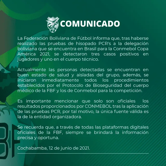 La verde emitió un comunicado sobre los casos de positivo. Foto: Twitter/Selección Bolivia