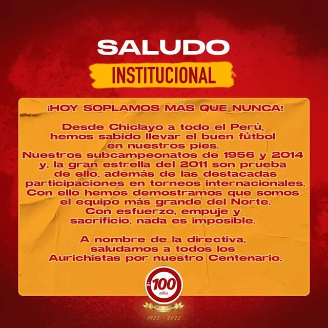 Saludo institucional del club chiclayano. Foto: Juan Aurich