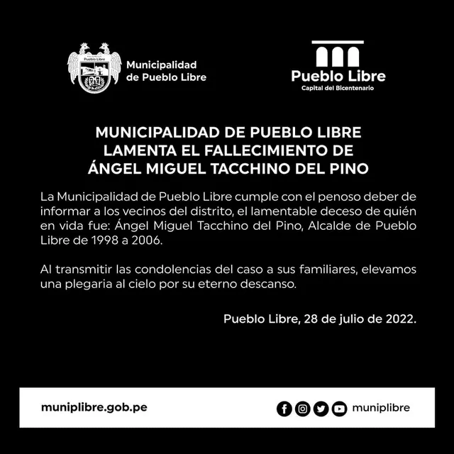 Municipalidad de Pueblo Libre brinda sus condolencias por el fallecimiento de Tacchino. Foto: Municipalidad de Pueblo Libre
