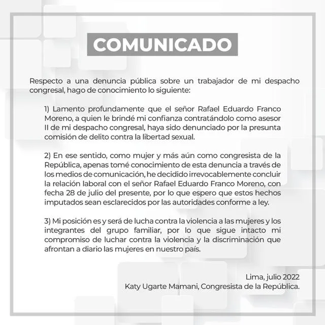 Pronunciamiento oficial sobre asesor acusado de violencia sexual. Foto: Twitter/Katy Ugarte