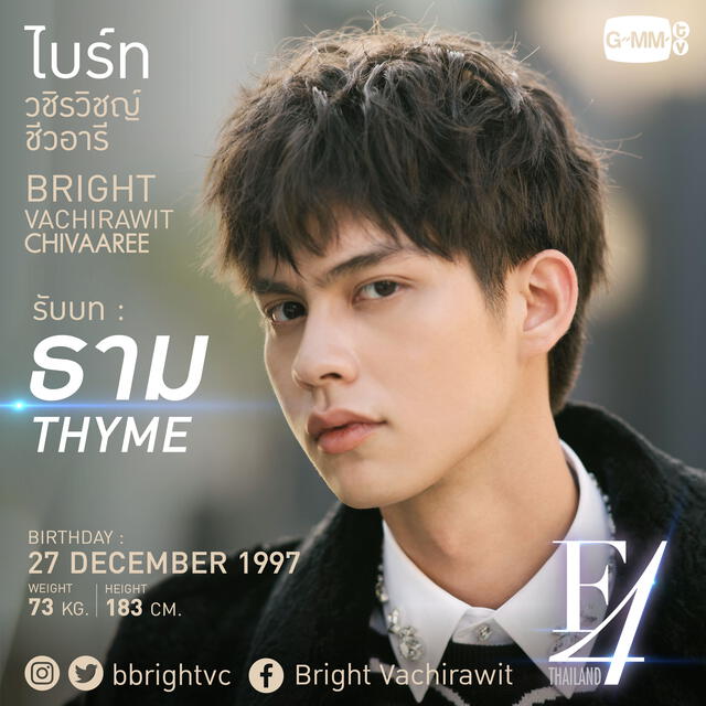Bright Vachirawit como Thyme en  F4 Thailand, drama tailandés inspirado en Hana yori dango (Boys over Flowers o Meteor garden). Créditos: GMMTV