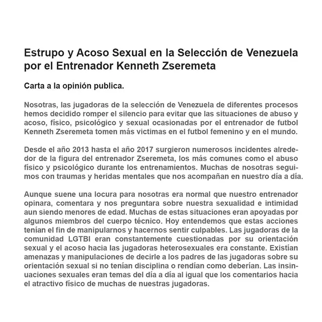 Carta de las jugadoras venezolanas.