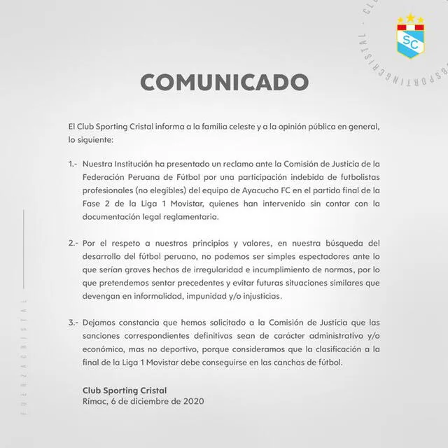 Comunicado Sporting Cristal