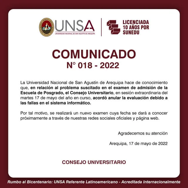 UNSA anuló examen de admisión posgrado tras denuncia por irregularidades. Foto: UNSA