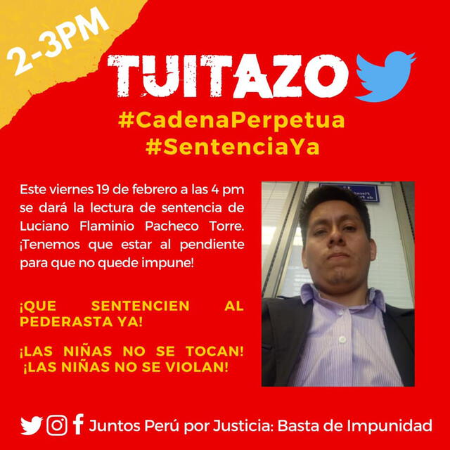 Activistas convocan a un Tuitazo para exigir cadena perpetua para el exabogado del CEM. Foto: Twitter