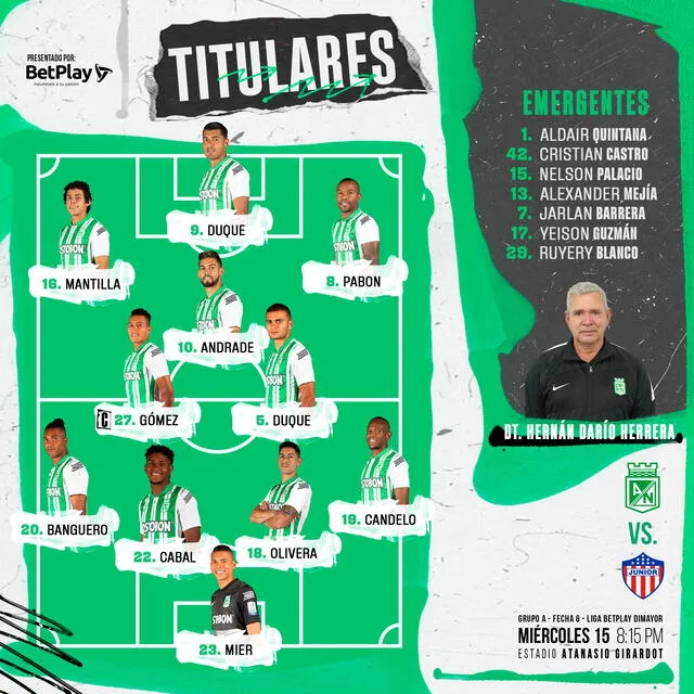 Alineación confirmada. Foto: Atlético Nacional