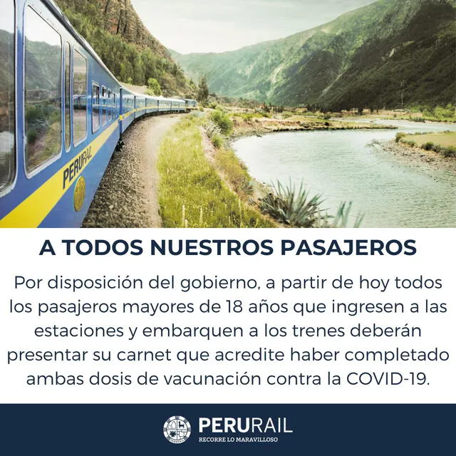 Machu Picchu: pasajeros de PeruRail deberán presentar carné de vacunación