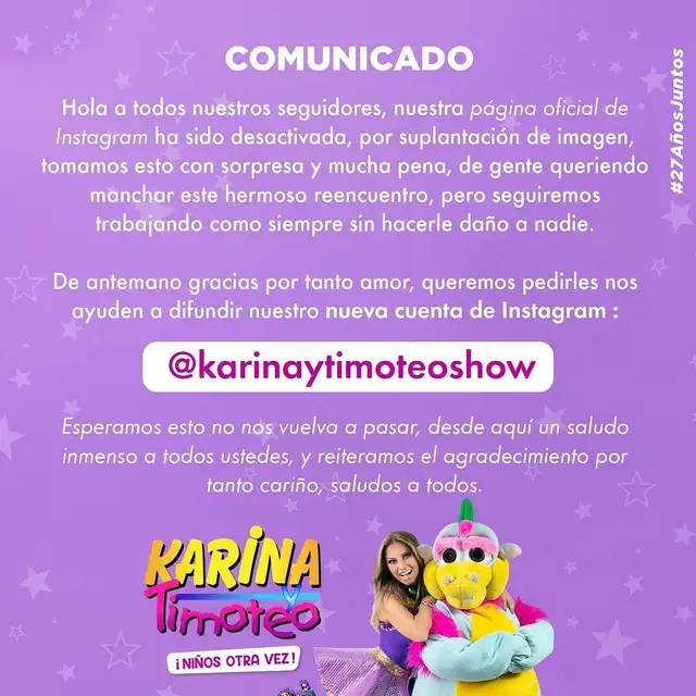 1.3.2022 | Comunicado de Karina y Timoteo advirtiendo sobre suplantación de identidad. Foto: Ricardo Bonilla/Instagram