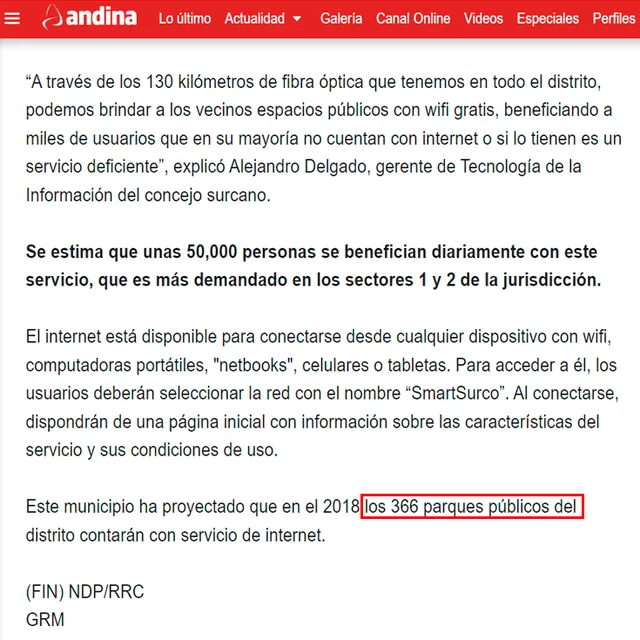 Press release de la Municipalidad de 2015 que consigna 366 parques para Surco
