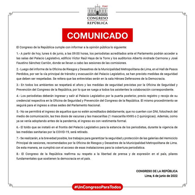 Paramento informa sobre nuevos accesos para periodistas en el Legislativo. Foto: comunicado del Congreso