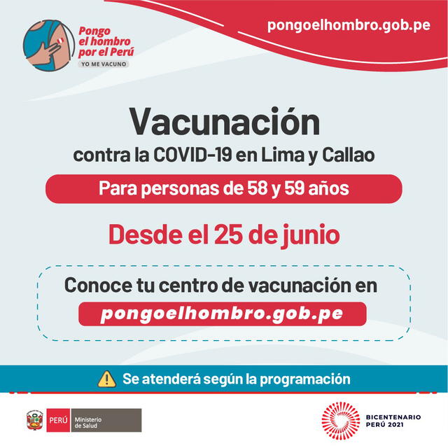 Vacunación contra la COVID-19 para personas de 58 y 59 años inicia hoy, 25 de junio. Foto: captura de Twitter/Minsa