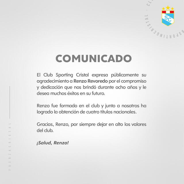 Comunicado de Sporting Cristal en el cual anuncia la salida de Renzo Revoredo