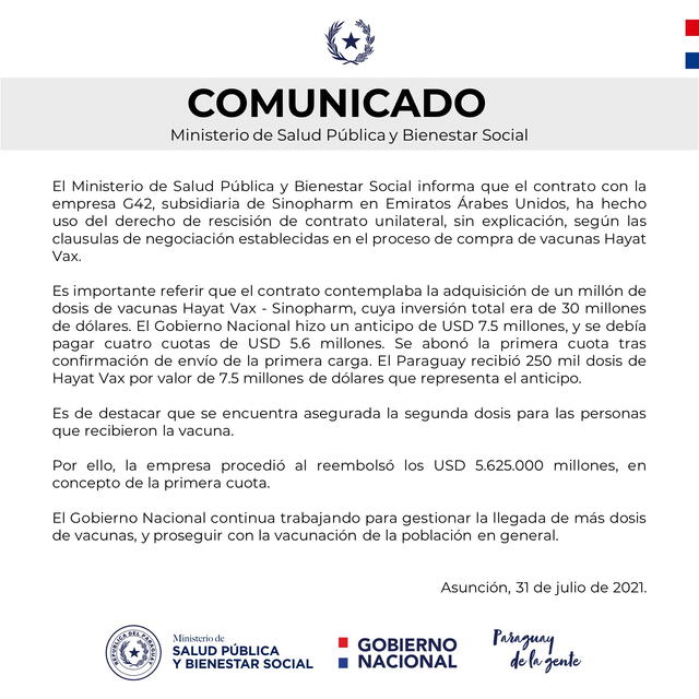 Comunicado del Ministerio de Salud de Paraguay. Foto: Twitter/msaludpy