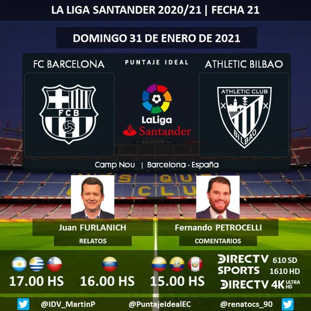 Barcelona vs. Athletic Club por DirecTV Sports. Foto: Puntaje Ideal/Twitter