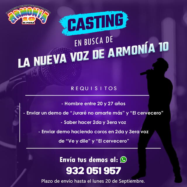 14.9.2021 | Post de Armonía 10 buscando nuevo cantante. Foto: Armonia 10 / Facebook