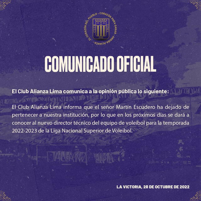 Comunicado sobre Martín Escudero. Foto: Alianza Lima