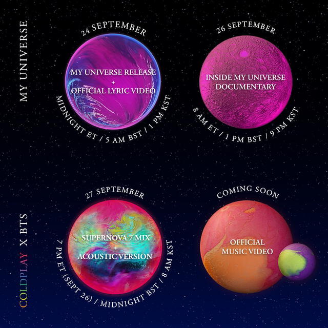 Calendario de actividades del estreno de “My universe” de BTS y Coldplay. Foto: Twitter