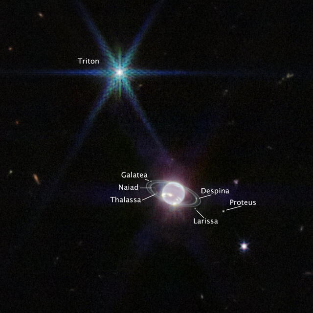 El James Webb capturó siete de las 14 lunas conocidas de Neptuno. La más brillante es Tritón. Foto: NASA