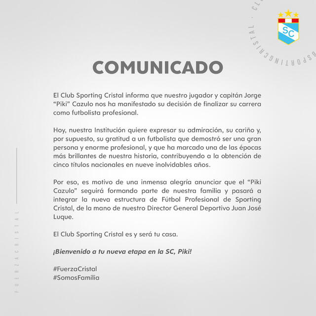Comunicado oficial del club bajopontino. Foto: Sporting Cristal