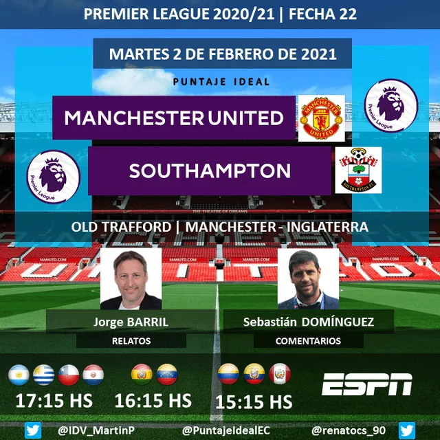Manchester United vs. Southampton por ESPN con narración de Jorge Barril y comentarios de Sebastián Domínguez. Foto: Puntaje ideal