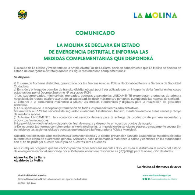 Comunicado de la Municipalidad de La Molina.