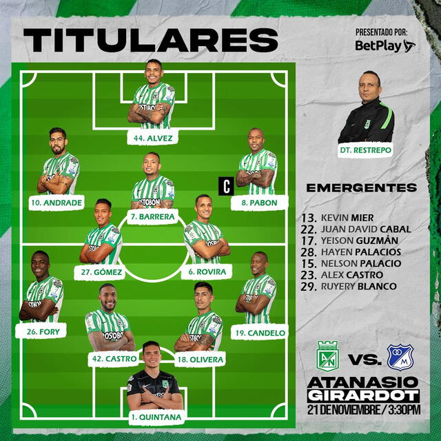 Los titulares del Atlético Nacional para jugar ante Millonarios. Foto: Twitter Atlético Nacional