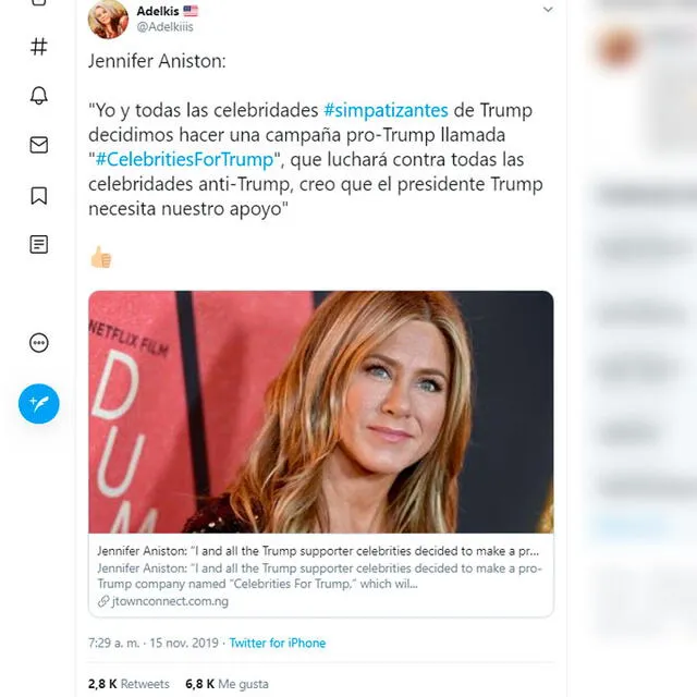 Tweet viral sobre Jennifer Aniston se publicó el 15 de noviembre.