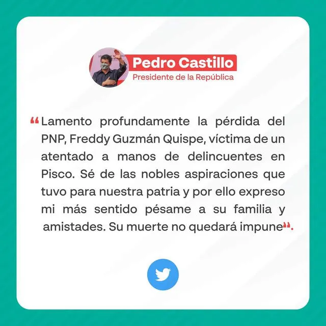 Pedro Castillo: presidente se pronuncia sobre policía asesinado en Pisco. Foto: Twitter/Pedro Castillo