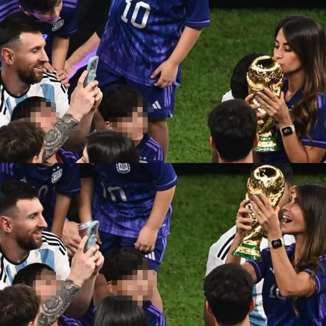 Antonela Roccuzzo levanta y besa la Copa del Mundo