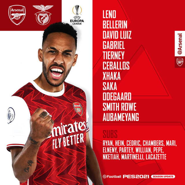 Así formará el Arsenal ante Benfica por la Europa League. Foto: Arsenal