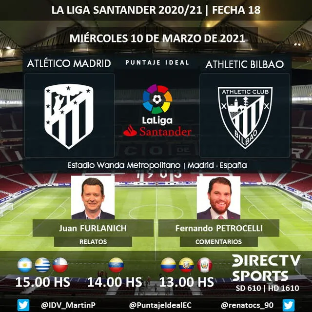 Atlético de Madrid vs. Athletic Bilbao por DirecTV Sports. Foto: Puntaje Ideal PE/Twitter