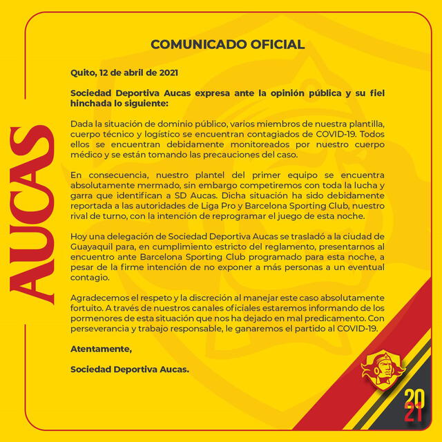 Comunicado de Aucas previo al duelo ante Barcelona SC. Foto: Twitter @Aucas45