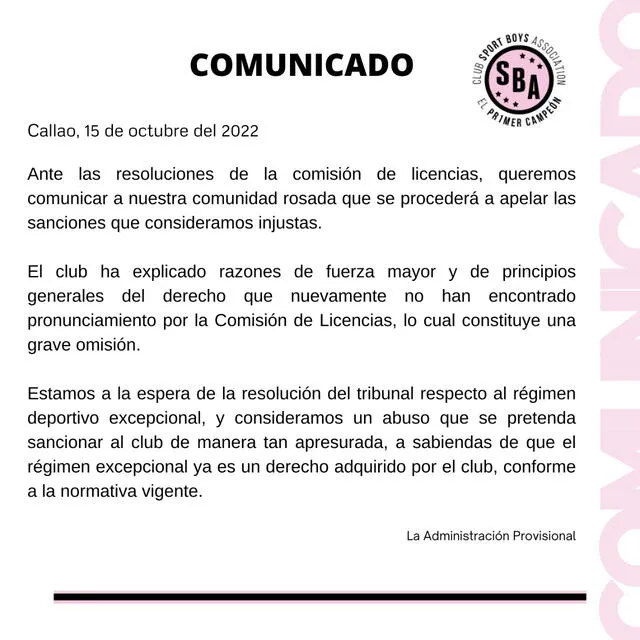 Comunicado del club rosado. Foto: Sport Boys