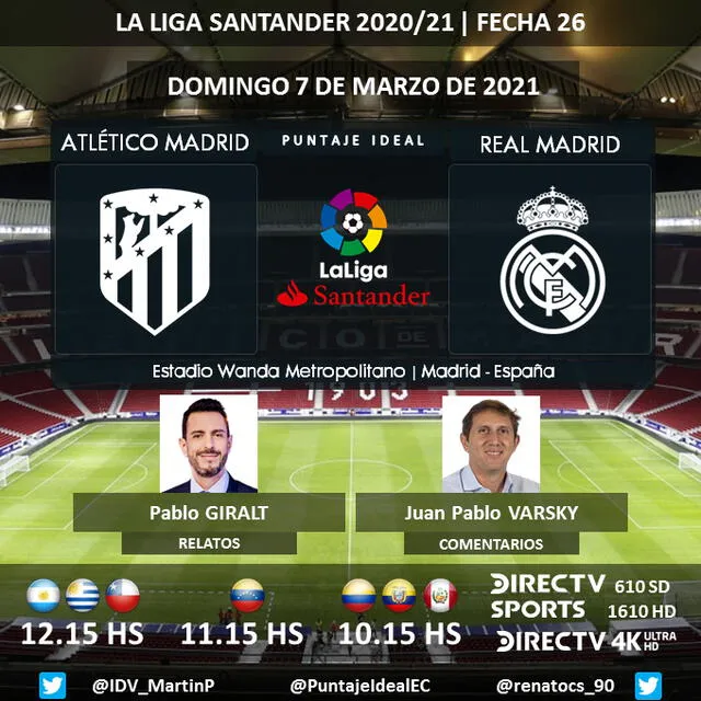 Atlético de Madrid vs Real Madrid por DirecTV Sports. Foto: Puntaje Ideal/Twitter