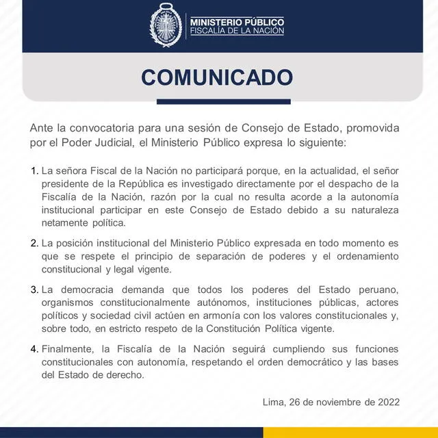 Comunicado del Ministerio Público. Foto: @FiscaliaPeru/Twitter.