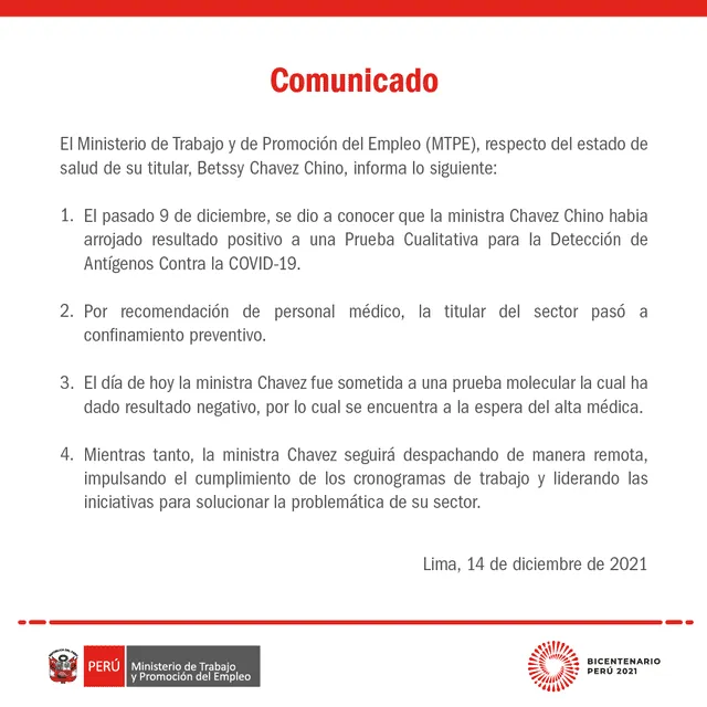 Comunicado del Ministerio de Trabajo sobre el estado de salud de Betssy Chávez. Foto: captura de Twitter