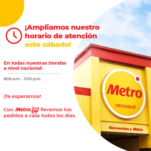 Supermercados Metro atenderá hasta las 11.00 p. m. este sábado 7 de mayo. Foto: Metro.