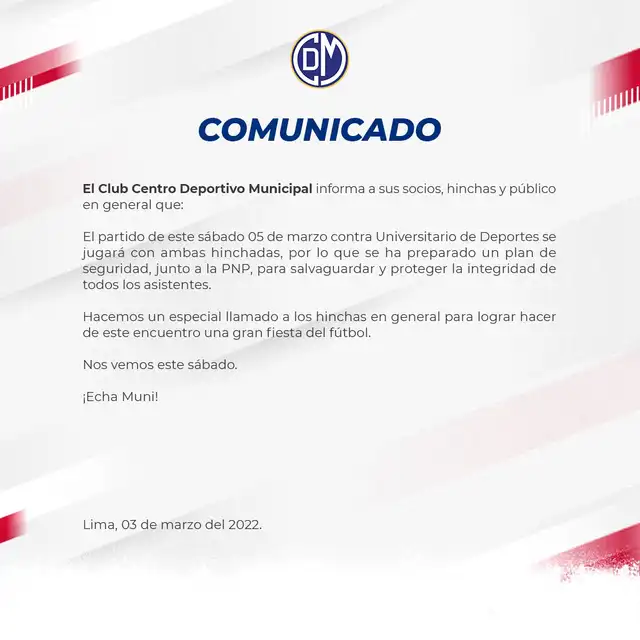 Habrá presencia de las dos hinchadas para el Municipal vs. Universitario. Foto: Twitter @CCDMunicipal Habrá presencia de las dos hinchadas para el Municipal vs. Universitario. Foto: Twitter @CCDMunicipal