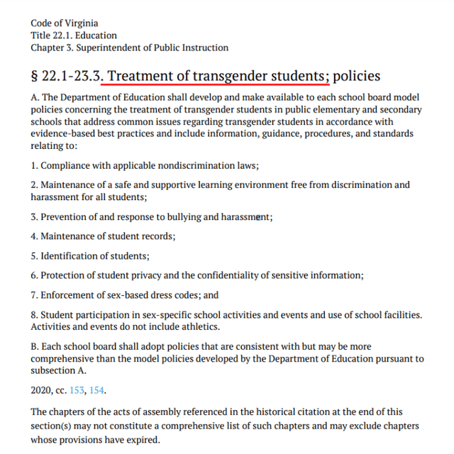 Resolución del Estado de Virginia sobre trato a personas transgénero en escuelas. Foto: captura de la página oficial del Código de Virginia