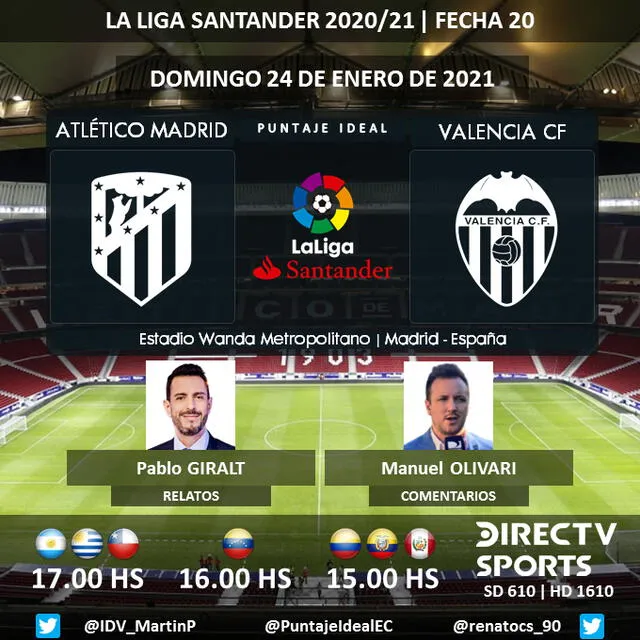 Atlético de Madrid vs Valencia vía DirecTV Sports. Foto: Puntaje Ideal/Twitter