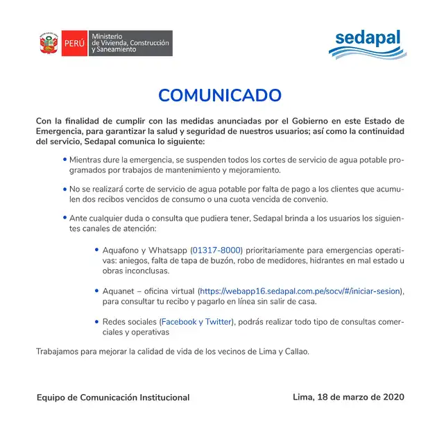 Comunicado de Sedapal.