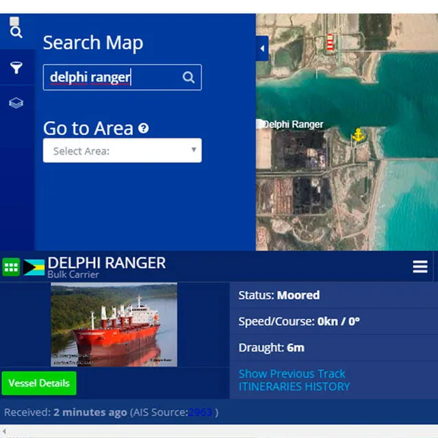 La aplicación identifica a la embarcación con la bandera de Las Bahamas.