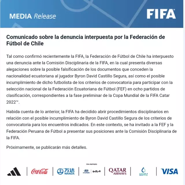 FIFA se pronuncia sobre caso de Byron Castillo en redes sociales.