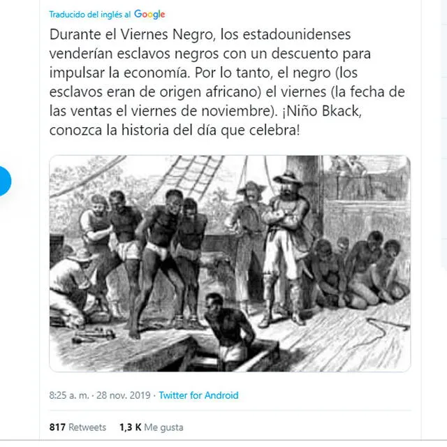 Publicación de Twitter afirmaba que el nombre tenía que ver con los esclavos.